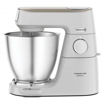 Robot de bucatarie KENWOOD Titanium Chef Baker XL KVL65.001WH, 1200 W, vas 7 l, 10 trepte viteza, cantar integrat, ecran LCD, 3 accesorii patiserie, alb