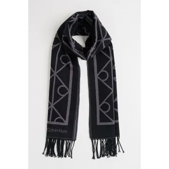 CALVIN KLEIN, Fular cu monograma cu franjuri, Negru, Gri inchis