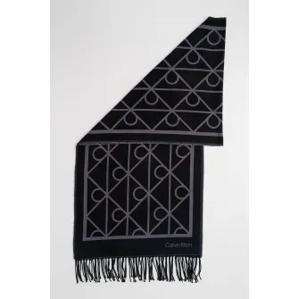 CALVIN KLEIN, Fular cu monograma cu franjuri, Negru, Gri inchis