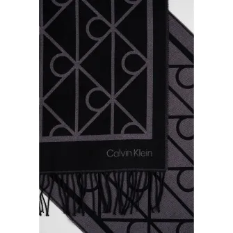 CALVIN KLEIN, Fular cu monograma cu franjuri, Negru, Gri inchis