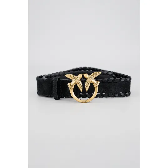 Pinko, Curea de piele intoarsa cu catarama cu logo, Negru, 84