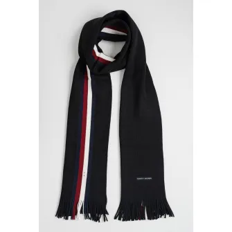 Tommy Hilfiger, Fular din amestec de lana cu dungi, Alb, Visiniu, Negru