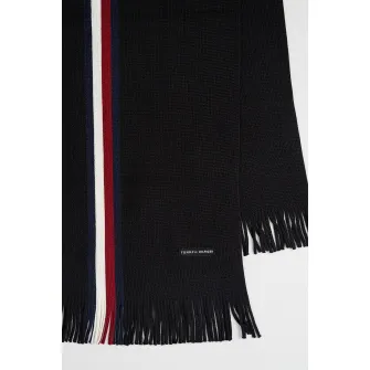 Tommy Hilfiger, Fular din amestec de lana cu dungi, Alb, Visiniu, Negru