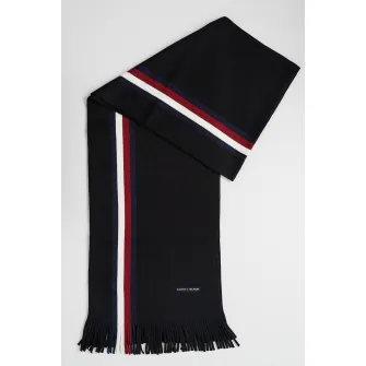 Tommy Hilfiger, Fular din amestec de lana cu dungi, Alb, Visiniu, Negru