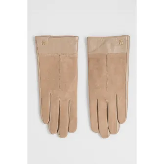 Tommy Hilfiger, Manusi din piele si piele intoarsa, Maro nisip, 20 CM