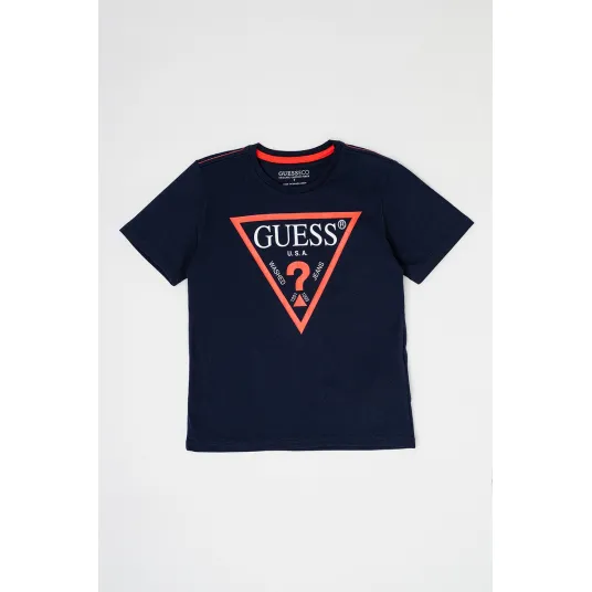 GUESS KIDS, Tricou de bumbac organic cu imprimeu logo, Bleumarin, 152-158 CM