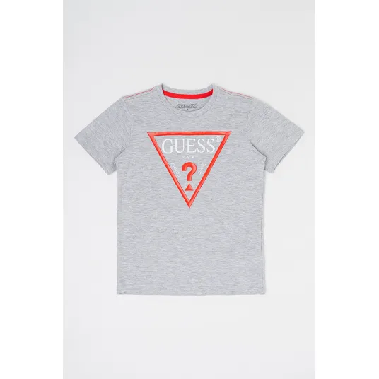 GUESS KIDS, Tricou de bumbac organic cu imprimeu logo, Rosu, Gri melange, 152-158 CM