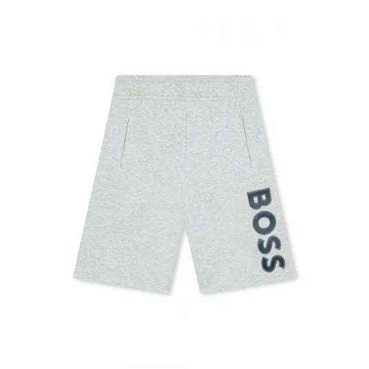 BOSS Kidswear, Pantaloni scurti cu imprimeu logo si buzunare laterale, Gri deschis melange, 138 CM