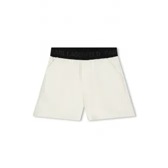 KARL LAGERFELD KIDS, Pantaloni scurti de piele ecologica cu logo stralucitor, Alb murdar, 114 CM