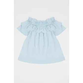 United Colors of Benetton, Bluza din amestec de in cu volane, Albastru deschis, 120 CM