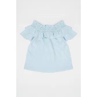 United Colors of Benetton, Bluza din amestec de in cu volane, Albastru deschis, 120 CM