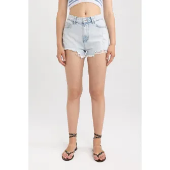 DeFacto, Pantaloni scurti de denim cu detalii cu aspect deteriorat, Albastru deschis, 38