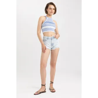 DeFacto, Pantaloni scurti de denim cu detalii cu aspect deteriorat, Albastru deschis, 38