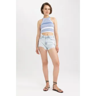 DeFacto, Pantaloni scurti de denim cu detalii cu aspect deteriorat, Albastru deschis, 38