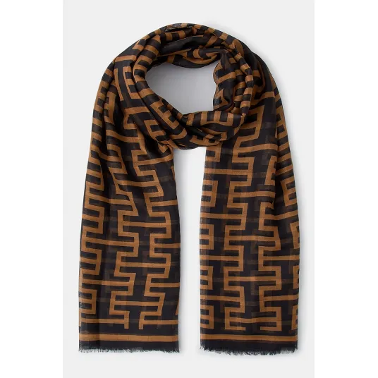 Accessorize London, Fular cu imprimeu geometric, Negru, Maro camel