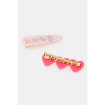 Accessorize London, Set de clame de par cu strasuri si inimi - 2 piese, Roz deschis, Roz