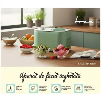 Aparat de facut inghetata Fram FICM-DW16GR, 100 W, Capacitate: 1 l, Ecran LED, Timer, Control tactil, Compresor incorporat, Bol inghetata detasabil, Functii: inghetata, iaurt, mixare, slushie, sorbet, racire, Verde