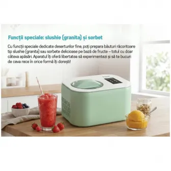 Aparat de facut inghetata Fram FICM-DW16GR, 100 W, Capacitate: 1 l, Ecran LED, Timer, Control tactil, Compresor incorporat, Bol inghetata detasabil, Functii: inghetata, iaurt, mixare, slushie, sorbet, racire, Verde