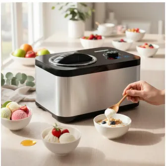 Aparat de facut inghetata Heinner SweetFreeze HICM-DW154SSBK, 120 W, Capacitate: 1.5 l, Ecran LED, Timer, Control tactil si buton rotativ, Compresor incorporat, Functii: inghetata, iaurt, mixare, racire, bol inghetata detasabil, Negru/Inox