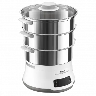 Aparat de gatit cu abur Tefal Convinient Series Deluxe VC502D10, 900W, capacitate 9L, temporizator, 3 vase, accesoriu pentru orez, inox