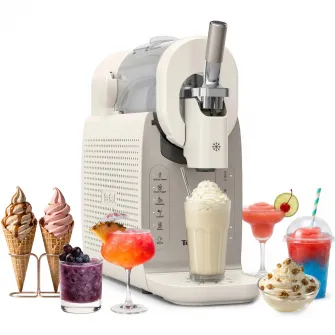 Aparat de inghetata Tefal Freezi IG801AE0, 200 W, 2 L, 5 programe automate, 16 preparate presetate, tehnologie Ultra Quiet, pentru inghetata soft, slushi, sorbet si cocktailuri, set pentru servire inclus, crem