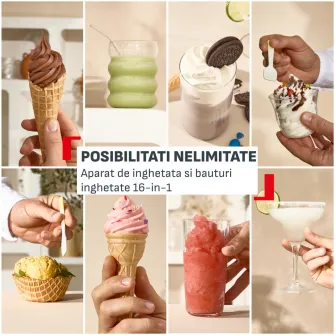 Aparat de inghetata Tefal Freezi IG801AE0, 200 W, 2 L, 5 programe automate, 16 preparate presetate, tehnologie Ultra Quiet, pentru inghetata soft, slushi, sorbet si cocktailuri, set pentru servire inclus, crem