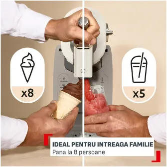 Aparat de inghetata Tefal Freezi IG801AE0, 200 W, 2 L, 5 programe automate, 16 preparate presetate, tehnologie Ultra Quiet, pentru inghetata soft, slushi, sorbet si cocktailuri, set pentru servire inclus, crem