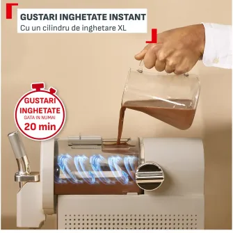 Aparat de inghetata Tefal Freezi IG801AE0, 200 W, 2 L, 5 programe automate, 16 preparate presetate, tehnologie Ultra Quiet, pentru inghetata soft, slushi, sorbet si cocktailuri, set pentru servire inclus, crem