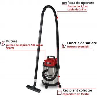 Aspirator multifunctional umed/uscat Einhell TC-VC 1540 S, putere 900 W, capacitate de aspirare 180 mbar, rezervor din otel inoxidabil de 15 L, suport pentru accesorii