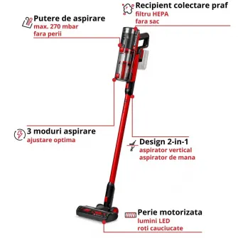 Aspirator vertical fara fir Einhell TE-SV 18/270 Li BL-Solo Power X-Change, 18 V, Brushless, 270 mbar, fara sac, 3 moduri de putere, sistem de filtrare in 3 etape, incl. accesorii, fara baterie