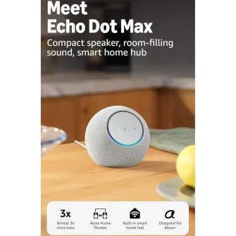 Boxa inteligenta Amazon Echo Dot Max(2025), Control Voce Alexa, Wi-Fi, Bluetooth, Glacier White