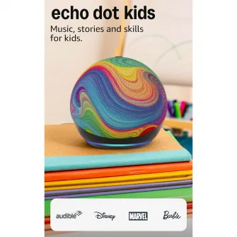 Boxa inteligenta Amazon Echo Dot Kids (5th Gen), Alexa, Wi-Fi, Bluetooth, control parental, Rainbow Swirl