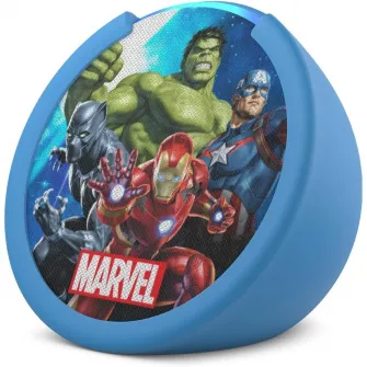 Boxa inteligenta Amazon Echo Pop Kids, Alexa, Wi-Fi, Bluetooth, control parental, Marvel Avengers