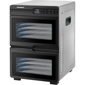 Deshidrator fructe si legume Heinner DualDry Pro HFD-KDDB1200BKSS, 1000-1200W, display led si control touch, dubla compartimentare, 12 tavi inox, 2 tavi rulouri fructe, 2 tavi grilaj marunt, 35-80 grade c