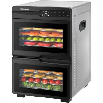 Deshidrator fructe si legume Heinner DualDry Pro HFD-KDDB1200BKSS, 1000-1200W, display led si control touch, dubla compartimentare, 12 tavi inox, 2 tavi rulouri fructe, 2 tavi grilaj marunt, 35-80 grade c