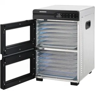 Deshidrator fructe si legume Heinner DualDry Pro HFD-KDDB1200BKSS, 1000-1200W, display led si control touch, dubla compartimentare, 12 tavi inox, 2 tavi rulouri fructe, 2 tavi grilaj marunt, 35-80 grade c