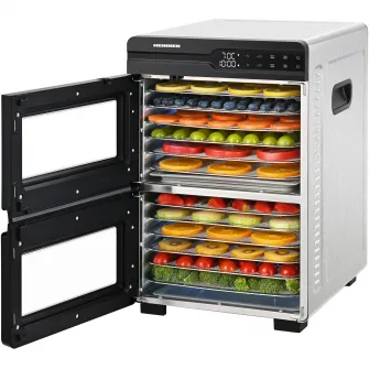 Deshidrator fructe si legume Heinner DualDry Pro HFD-KDDB1200BKSS, 1000-1200W, display led si control touch, dubla compartimentare, 12 tavi inox, 2 tavi rulouri fructe, 2 tavi grilaj marunt, 35-80 grade c
