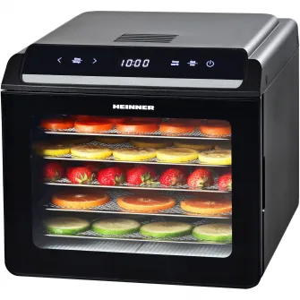 Deshidrator fructe si legume Heinner NatureDry HFD-KD600BK, 500-600W, Display LED si control touch, 6 tavi inox, 1 tava rulouri fructe, 1 tava grilaj marunt, 35-75 grade C