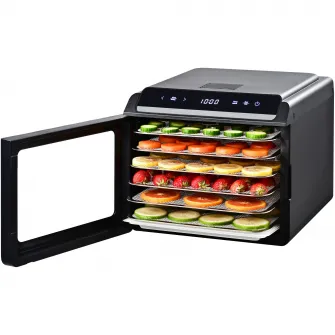 Deshidrator fructe si legume Heinner NatureDry HFD-KD600BK, 500-600W, Display LED si control touch, 6 tavi inox, 1 tava rulouri fructe, 1 tava grilaj marunt, 35-75 grade C
