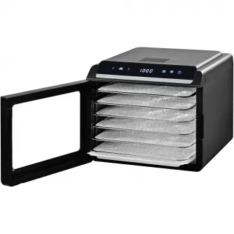 Deshidrator fructe si legume Heinner NatureDry HFD-KD600BK, 500-600W, Display LED si control touch, 6 tavi inox, 1 tava rulouri fructe, 1 tava grilaj marunt, 35-75 grade C