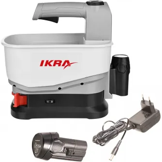 Dispozitiv de imprastiere pe acumulator Ikra IAST 12, 12V 2.5 Ah, distanta imprastiere maxim 5 m, capacitate umplere 4.5 l, viteza variabila, ingrasamant/gazon/material antiderapant, include: incarcator + acumulator 12 V 2.5 Ah