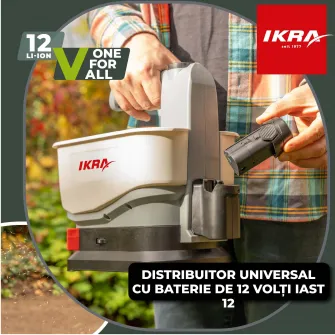 Dispozitiv de imprastiere pe acumulator Ikra IAST 12, 12V 2.5 Ah, distanta imprastiere maxim 5 m, capacitate umplere 4.5 l, viteza variabila, ingrasamant/gazon/material antiderapant, include: incarcator + acumulator 12 V 2.5 Ah