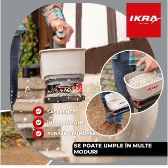 Dispozitiv de imprastiere pe acumulator Ikra IAST 12, 12V 2.5 Ah, distanta imprastiere maxim 5 m, capacitate umplere 4.5 l, viteza variabila, ingrasamant/gazon/material antiderapant, include: incarcator + acumulator 12 V 2.5 Ah