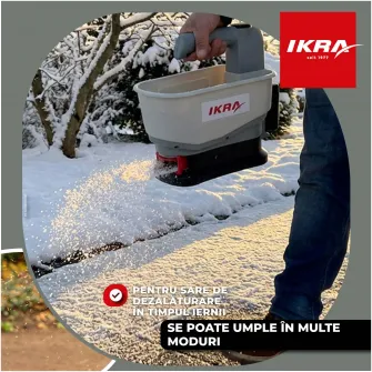 Dispozitiv de imprastiere pe acumulator Ikra IAST 12, 12V 2.5 Ah, distanta imprastiere maxim 5 m, capacitate umplere 4.5 l, viteza variabila, ingrasamant/gazon/material antiderapant, include: incarcator + acumulator 12 V 2.5 Ah