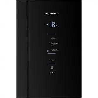 Frigider side-by-side Tesla RM4700FHBE, 466 l, Clasa E, Total No Frost, Motor Inverter, Zona convertibila, Metal Cooling, Display LED, H 180 cm, Sticla Neagra