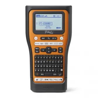 Imprimanta etichete Brother P-Touch PT-E560BTVP, handheld, Bluetooth, USB 3.0, cutter automat complet si jumatate, tiparire coduri de bare, LCD grafic, latimi banda 3.5-24mm, tastatura QWERTY (70 taste), Negru/Portocaliu