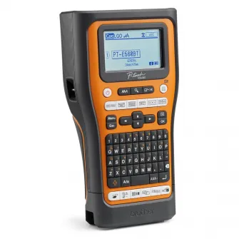 Imprimanta etichete Brother P-Touch PT-E560BTVP, handheld, Bluetooth, USB 3.0, cutter automat complet si jumatate, tiparire coduri de bare, LCD grafic, latimi banda 3.5-24mm, tastatura QWERTY (70 taste), Negru/Portocaliu