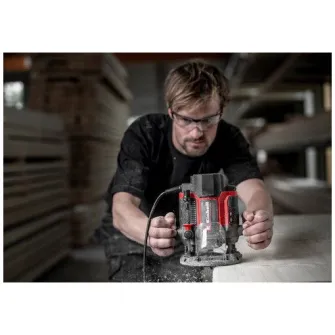 Masina de frezat Einhell Professinal TP-RO 1400 E, 1400 W, cursa 55 mm, pensete ? 6 si 8 mm, LED, inclusiv ghidaj paralel, varf compas, manson copiere si scule