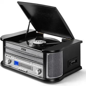 Pick-up si Sistem audio retro 5-in-1 AKAI ATT-350CC, CD Player, Casetofon, Bluetooth, Radio FM/AM, Inregistrare USB (Encoding), Negru/Argintiu