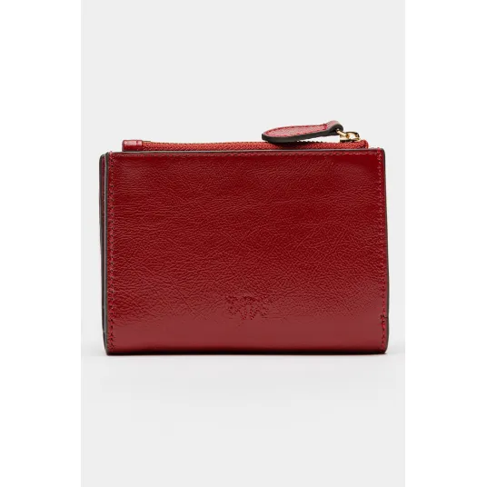 Pinko, Portofel pliabil de piele cu buzunar exterior cu clapa, Rosu inchis